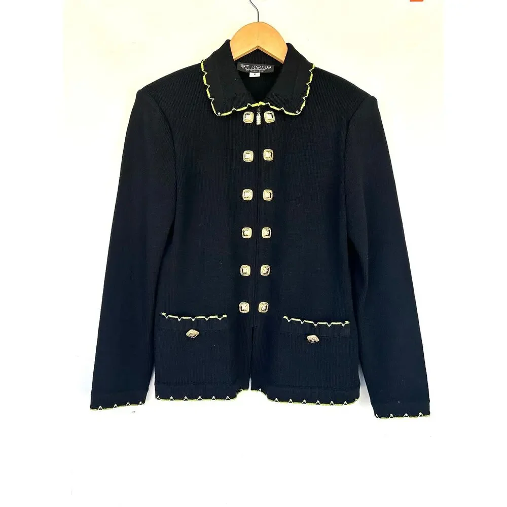 St. John Black Military Jacket Santana Knit Zip Gold Buttons Sweater Preppy 2